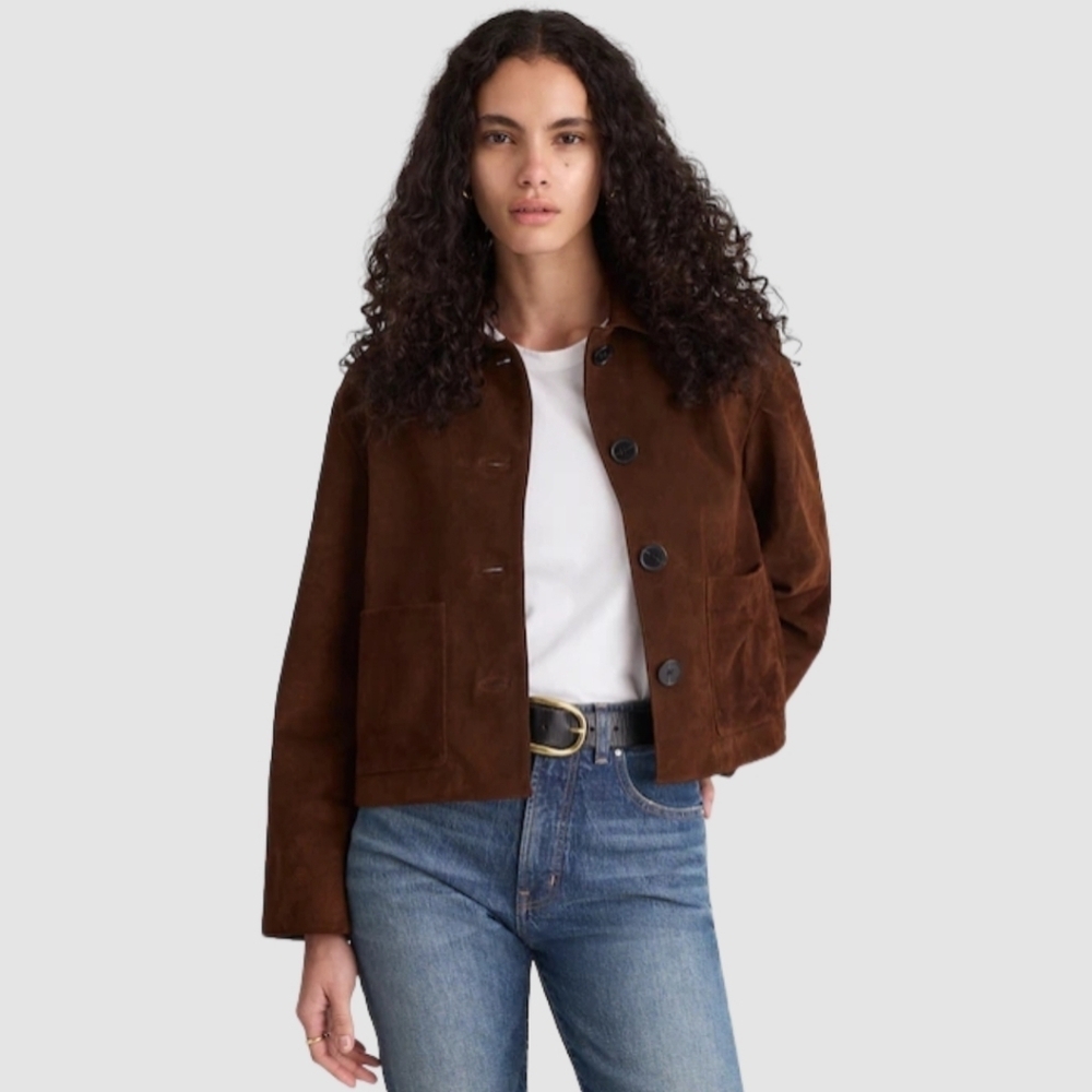New! Madewell Boxy Crop Jacket in Suede Dark Roast Suede